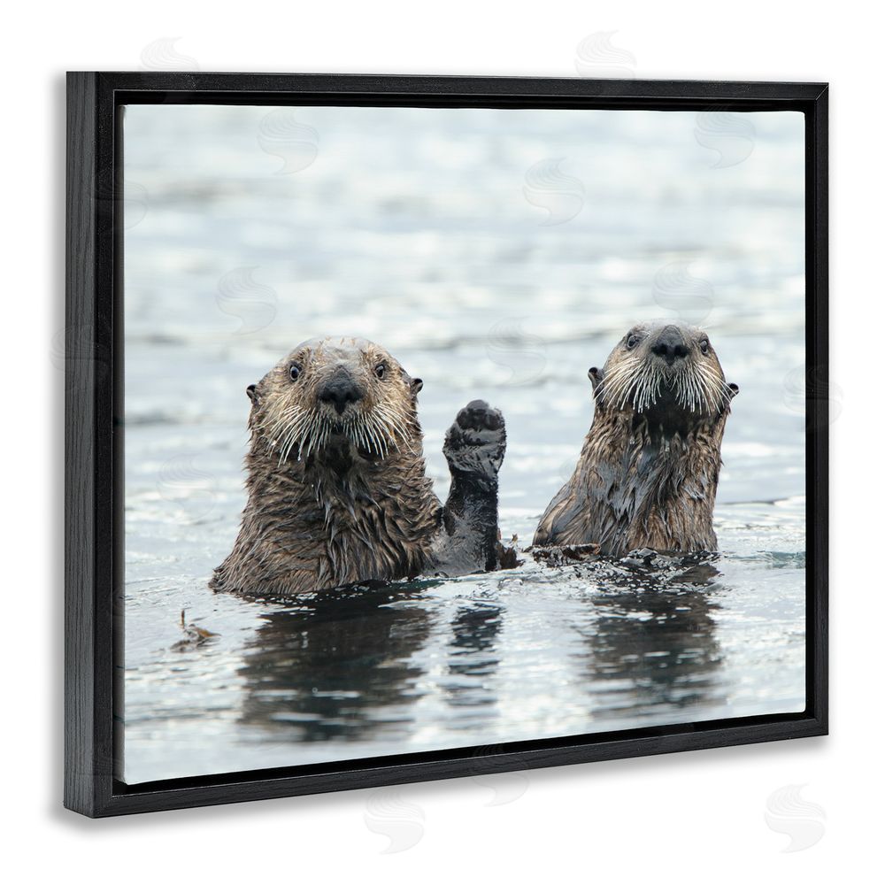 Donna Bourdon Peeking Otters in Water Black Floating Frame Canvas Wall Art Print