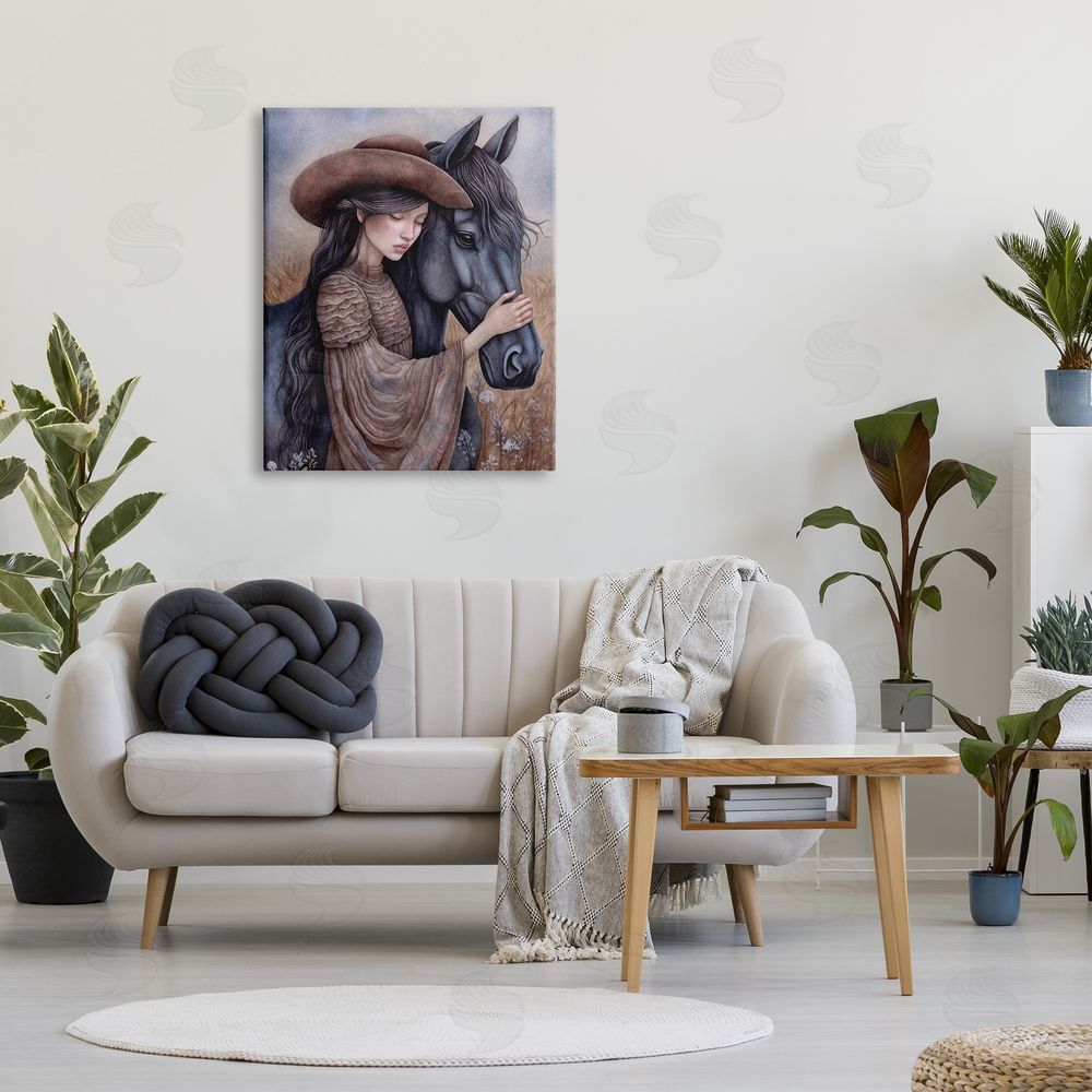 The Dutch Lady Girl with Black Stallion Canvas Wall Art Print in Room