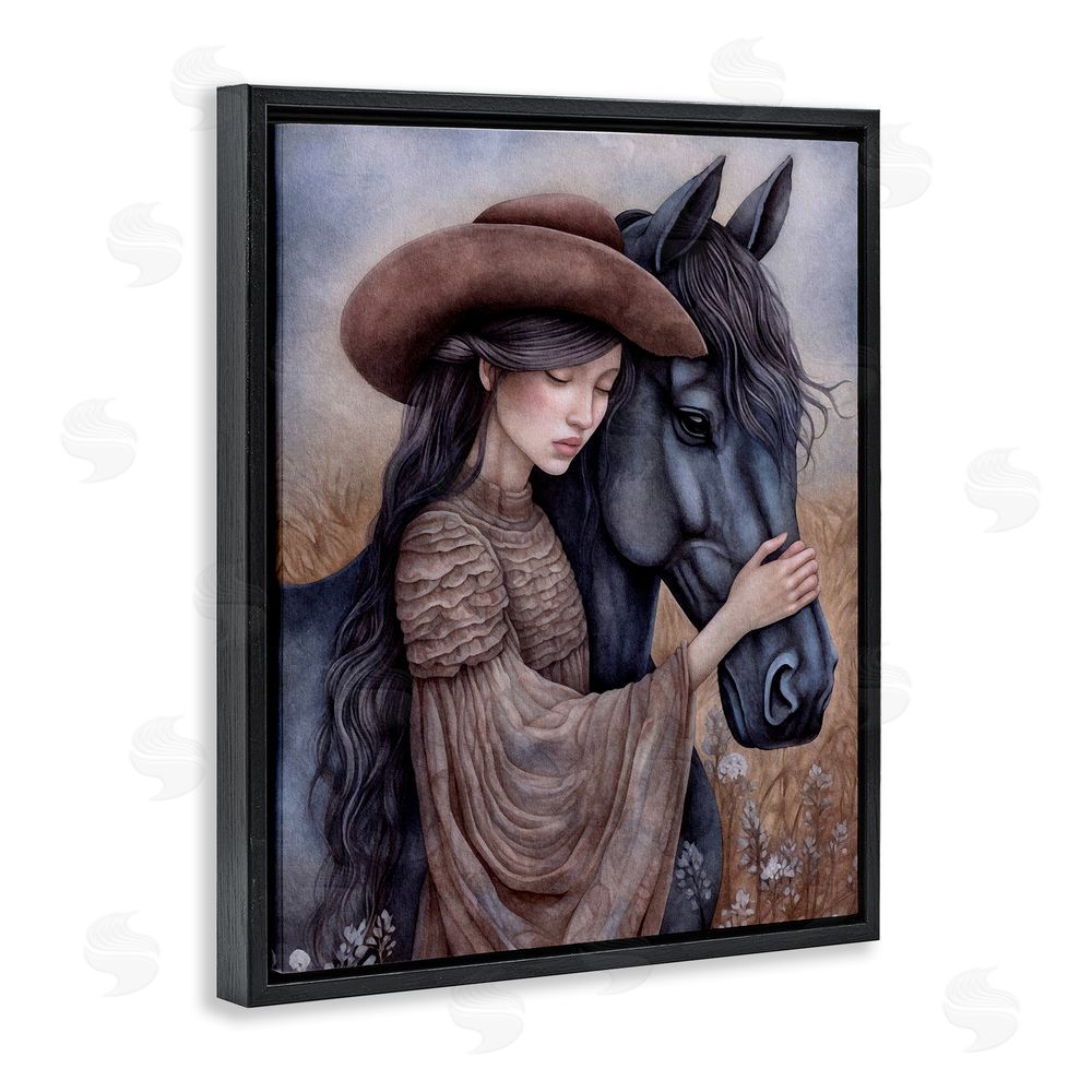 The Dutch Lady Girl with Black Stallion Black Floating Frame Canvas Wall Art Print