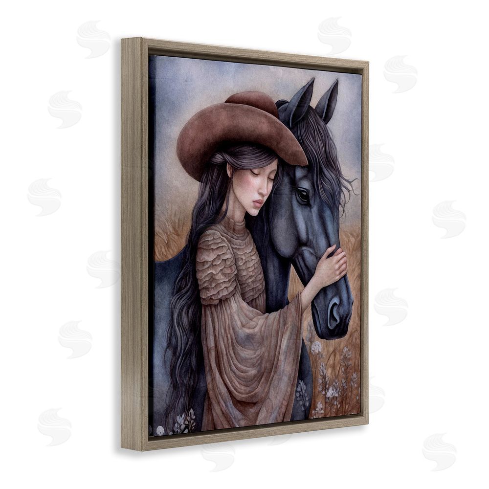 The Dutch Lady Girl with Black Stallion Brown Floating Frame Canvas Wall Art Print