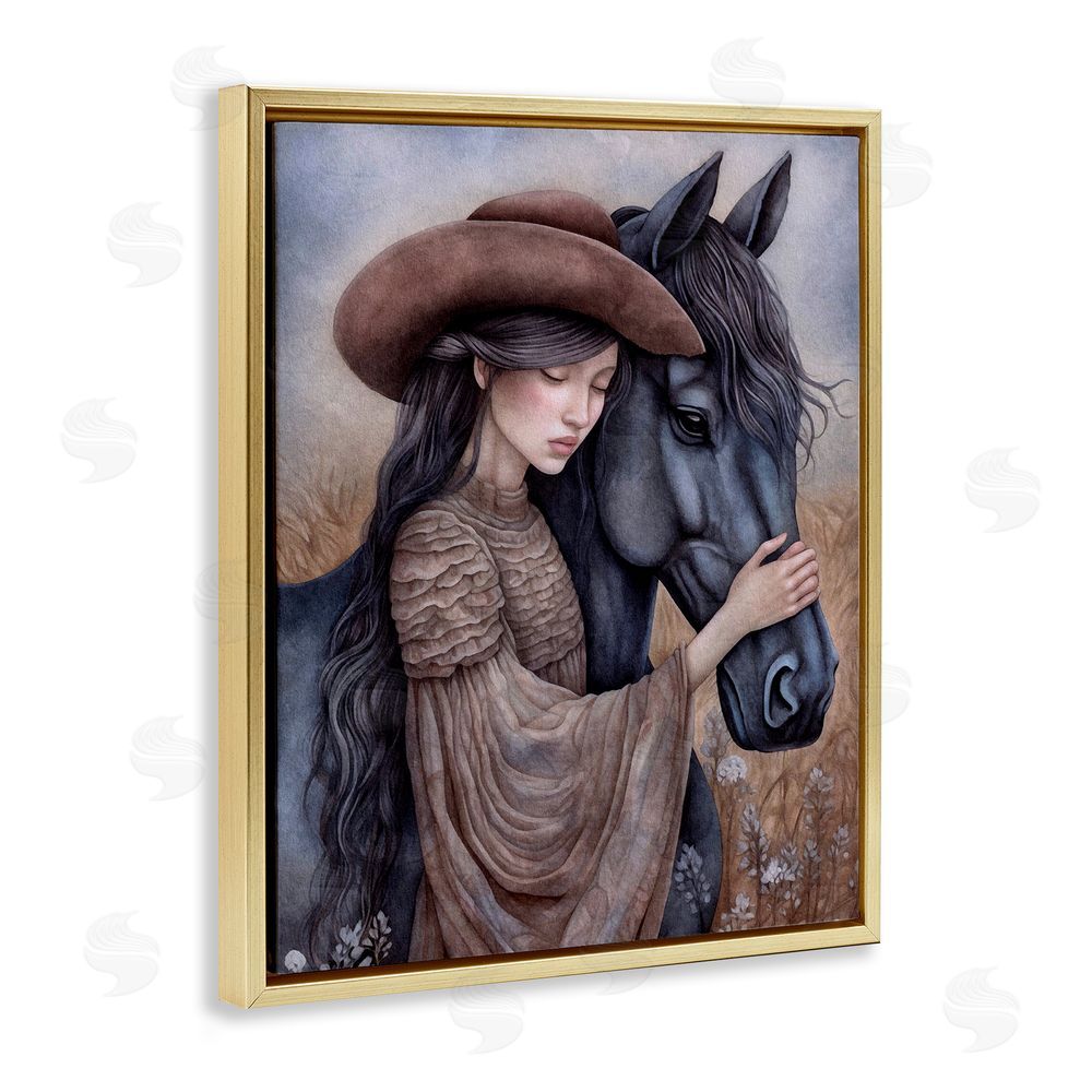 The Dutch Lady Girl with Black Stallion Gold Floating Frame Canvas Wall Art Print