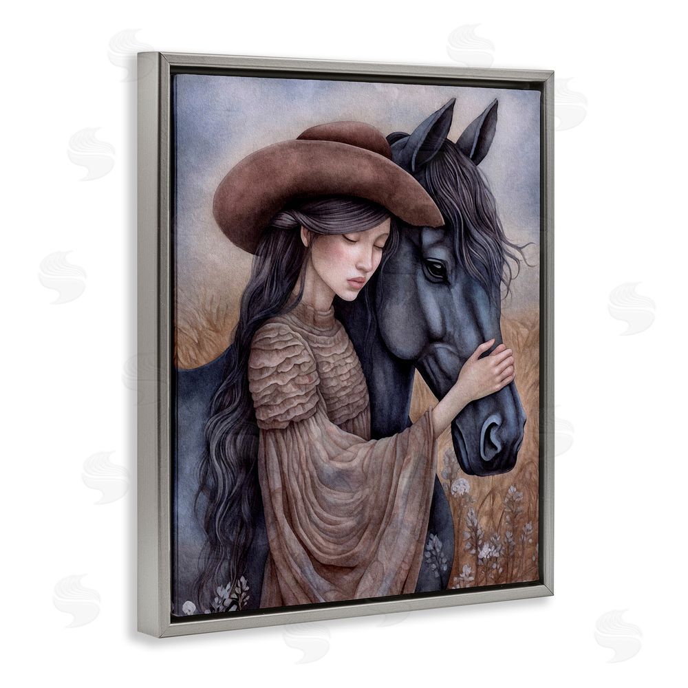 The Dutch Lady Girl with Black Stallion Grey Floating Frame Canvas Wall Art Print