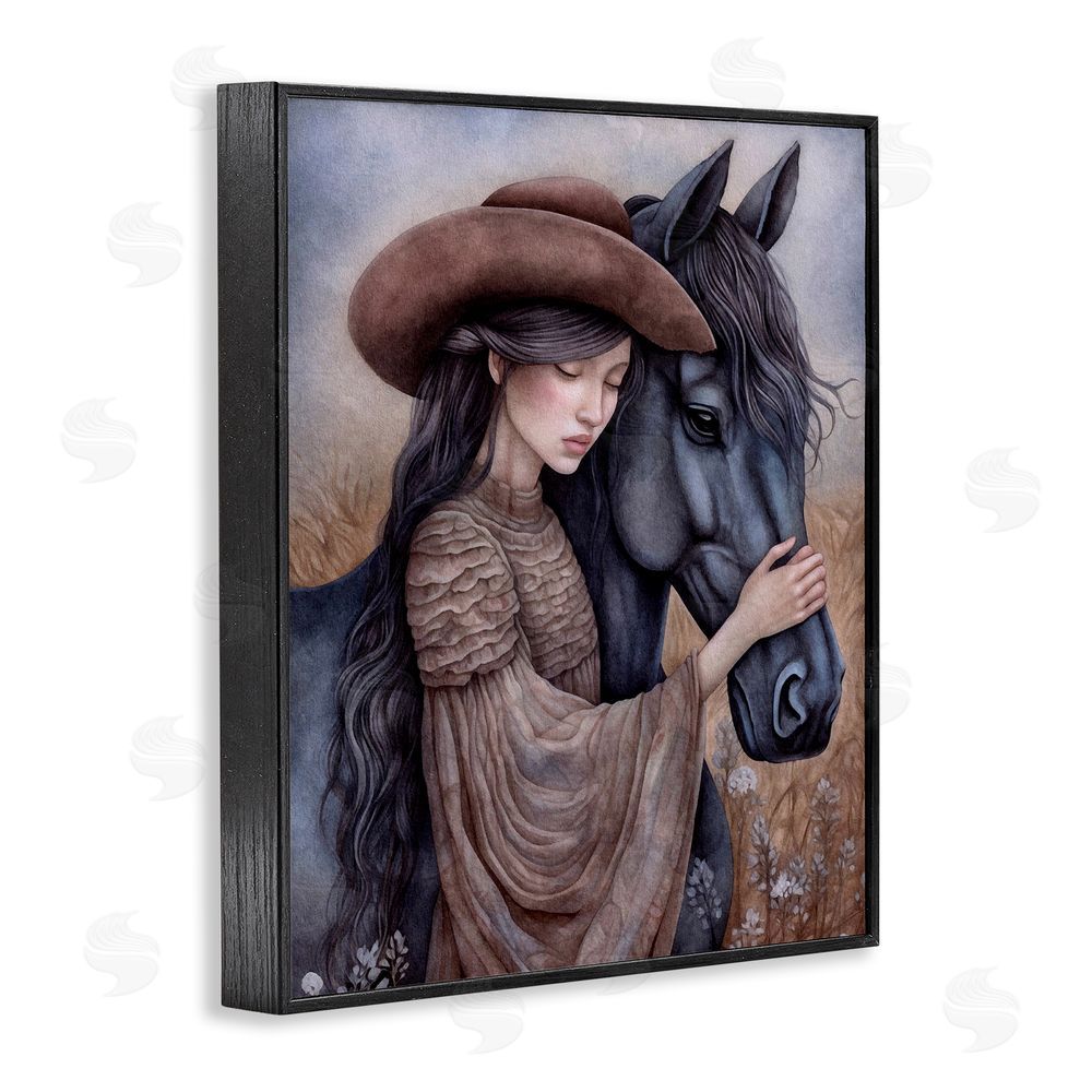 The Dutch Lady Girl with Black Stallion Black Framed Giclee Wall Art Print