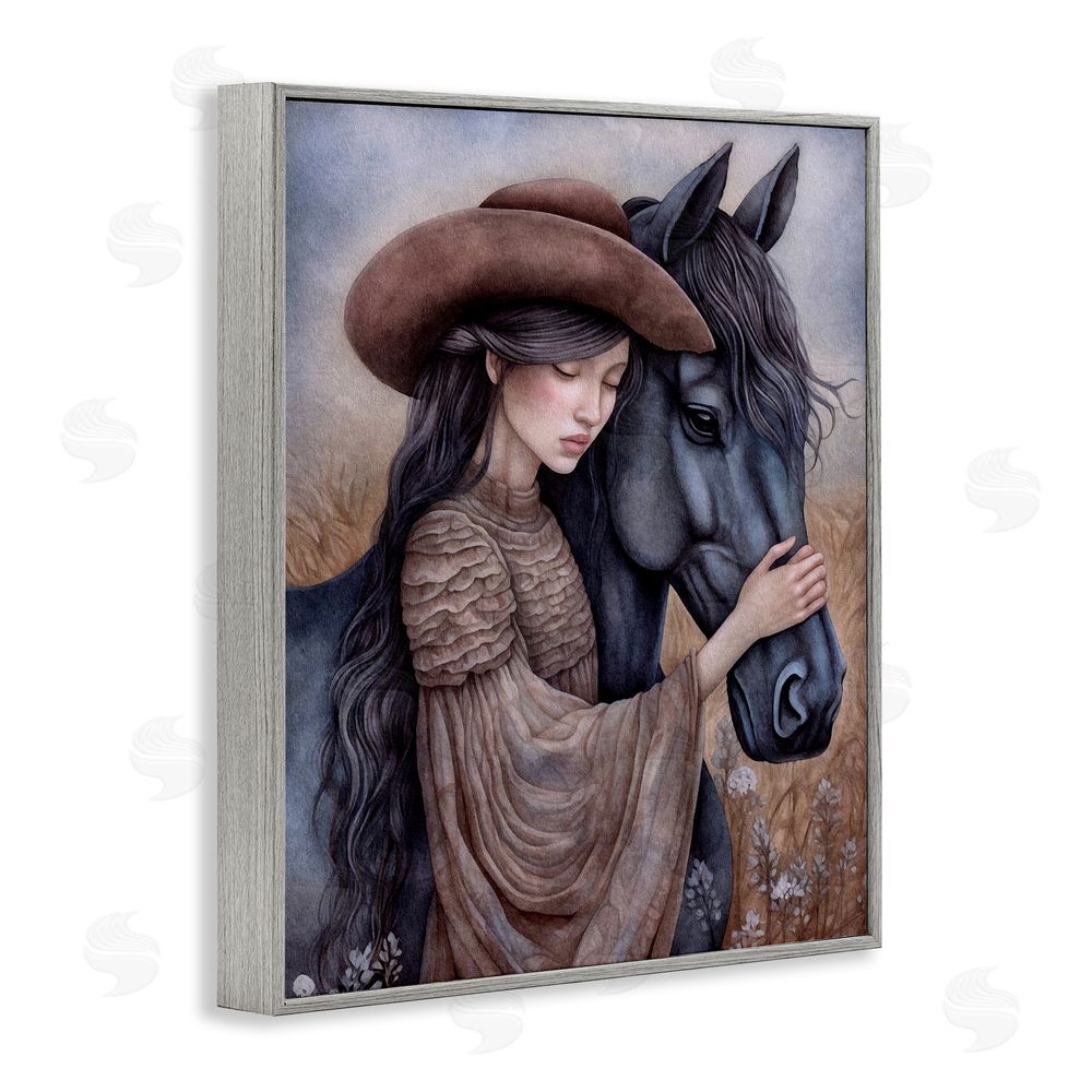 The Dutch Lady Girl with Black Stallion Gray Framed Giclee Wall Art Print