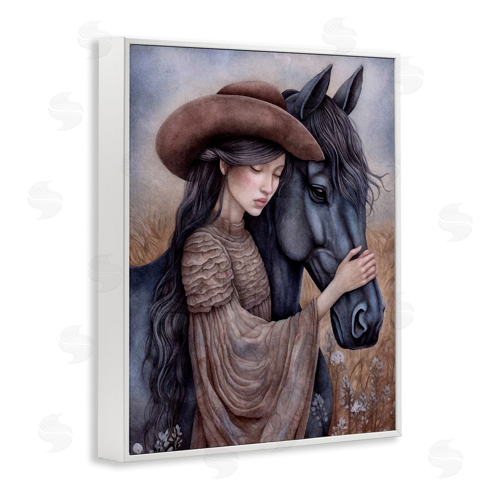 The Dutch Lady Girl with Black Stallion White Framed Giclee Wall Art Print