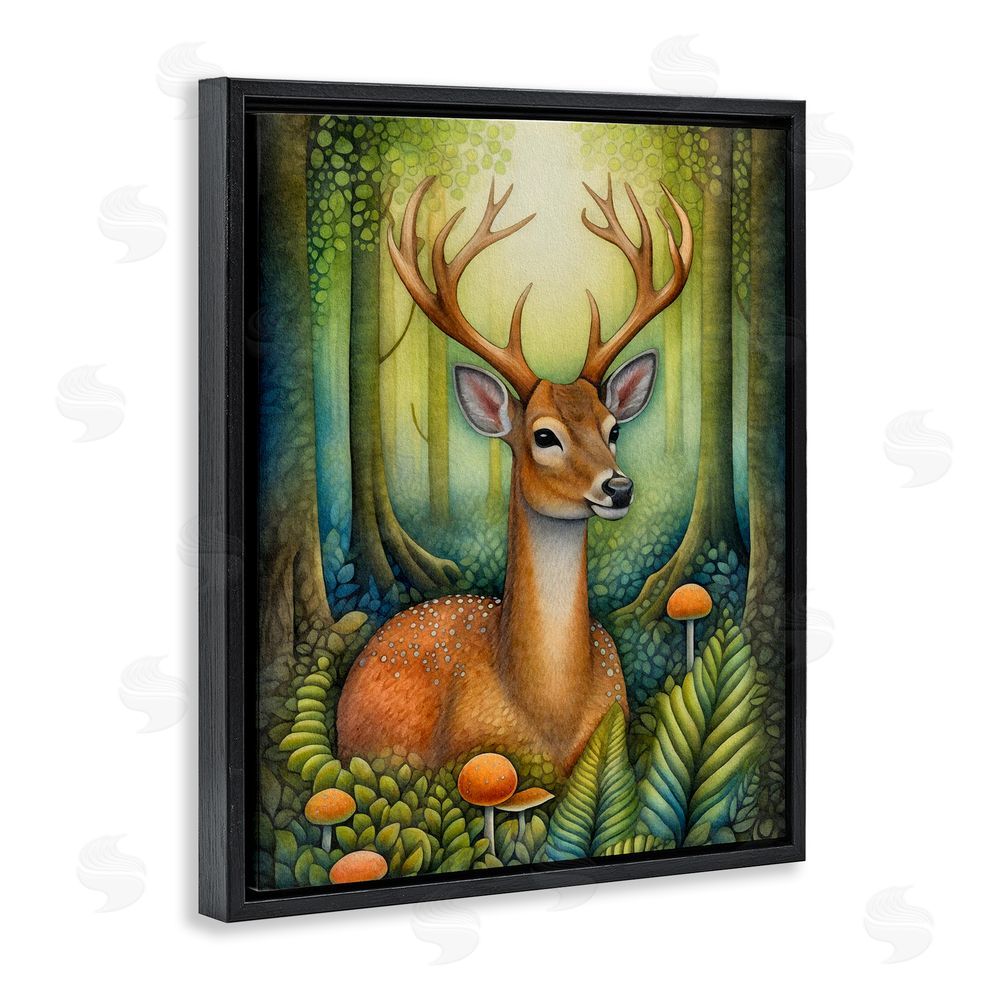 The Dutch Lady Deer with Nature Mushrooms Black Floating Frame Canvas Wall Art Print