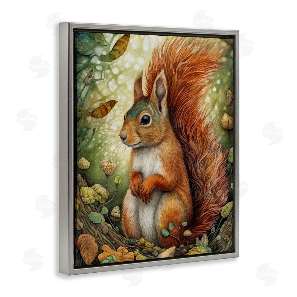 The Dutch Lady Squirrel & Forest Botanicals Grey Floating Frame Canvas Wall Art Print