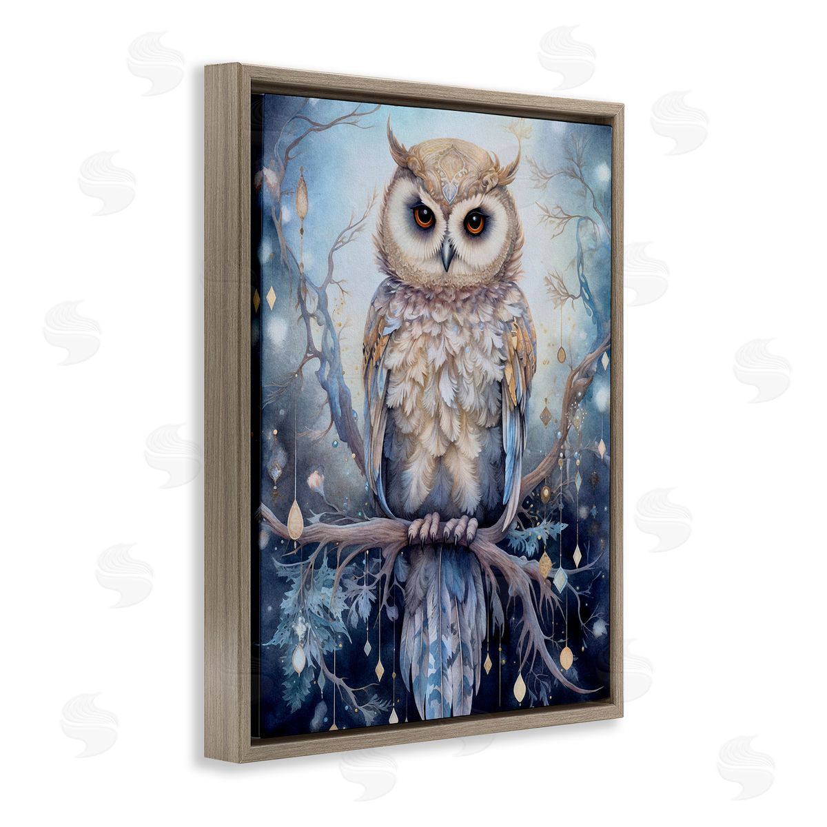 Owl on Twinkling Branch Brown Floating Frame Canvas Wall Art, Home Decor by The Dutch Lady