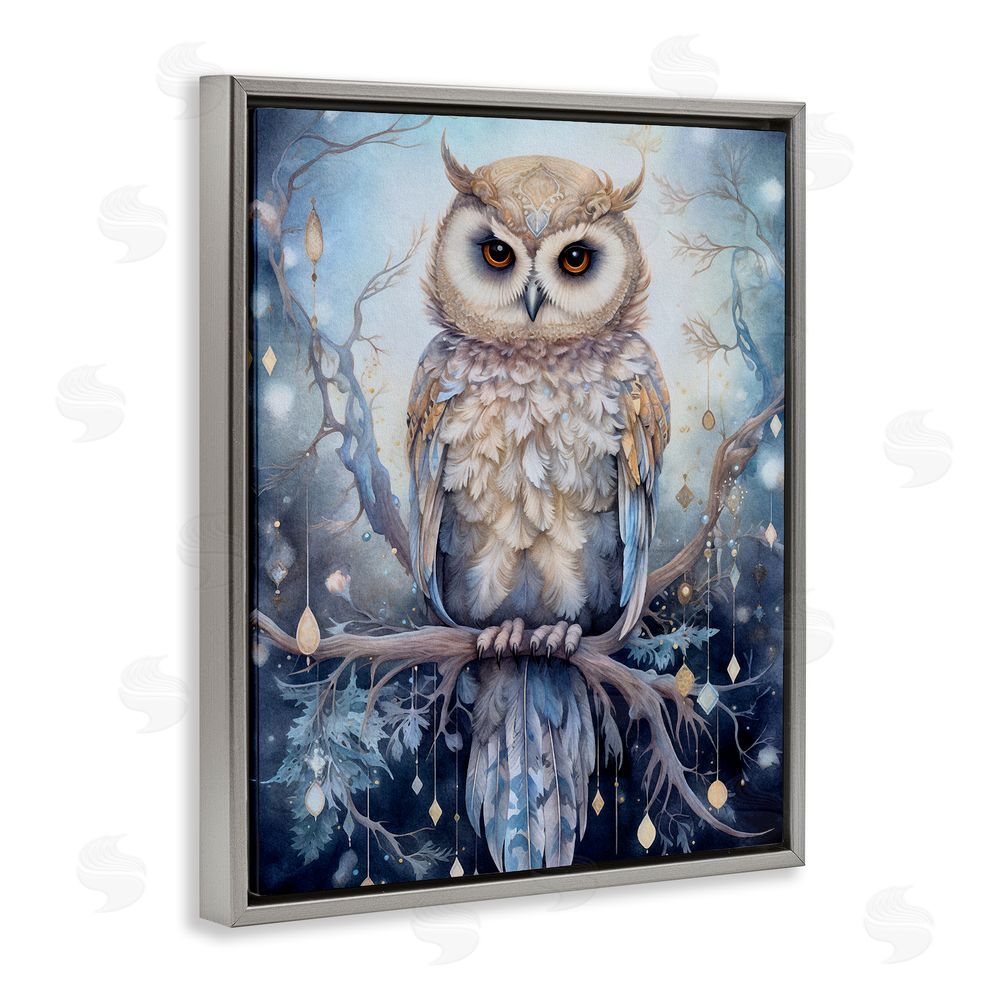 The Dutch Lady Owl on Twinkling Branch Grey Floating Frame Canvas Wall Art Print