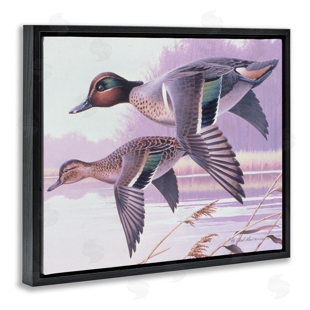 Rod Lawrence Flying Mallards over Lake Black Floating Frame Canvas Wall Art Print