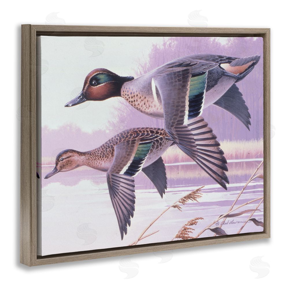Rod Lawrence Flying Mallards over Lake Brown Floating Frame Canvas Wall Art Print