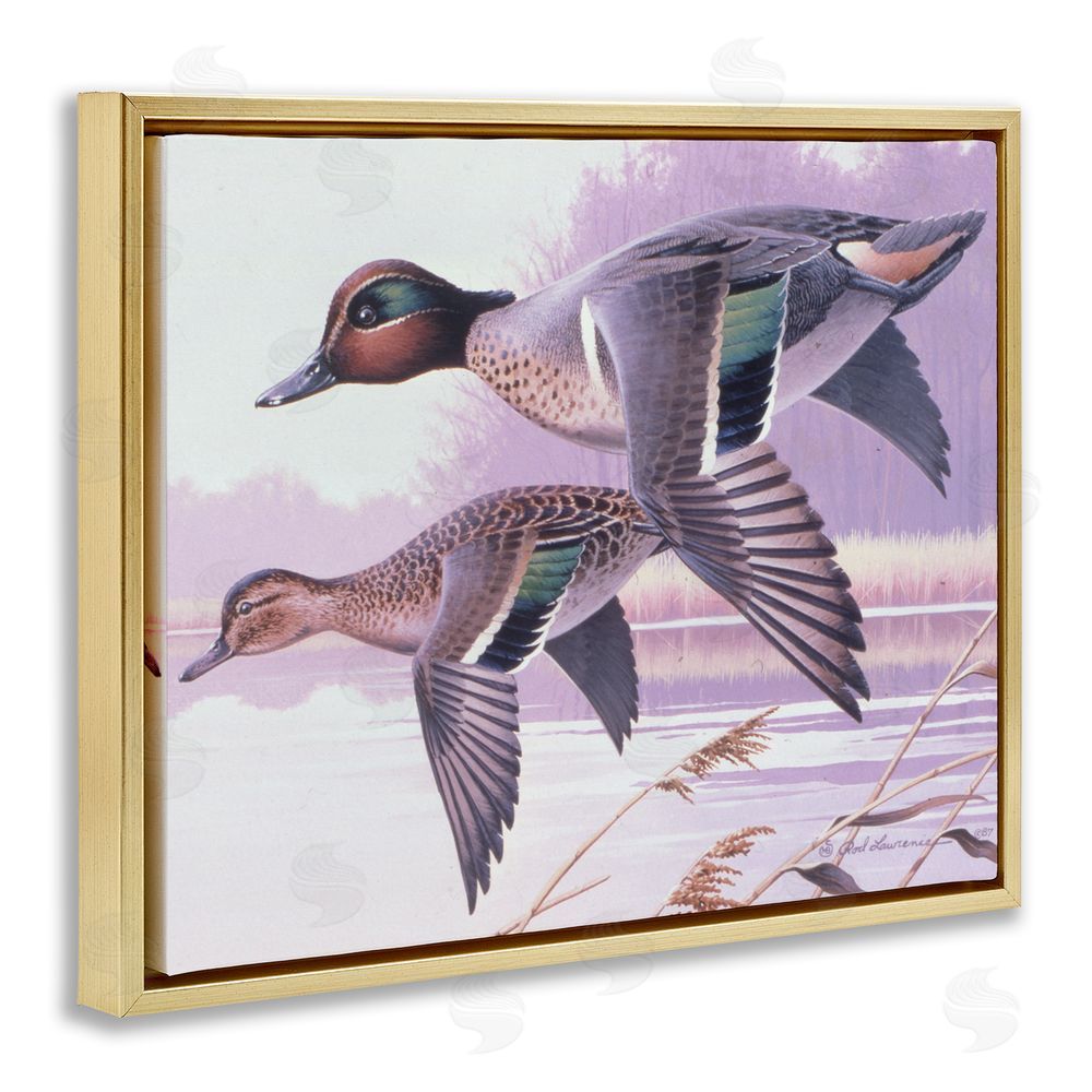Rod Lawrence Flying Mallards over Lake Gold Floating Frame Canvas Wall Art Print