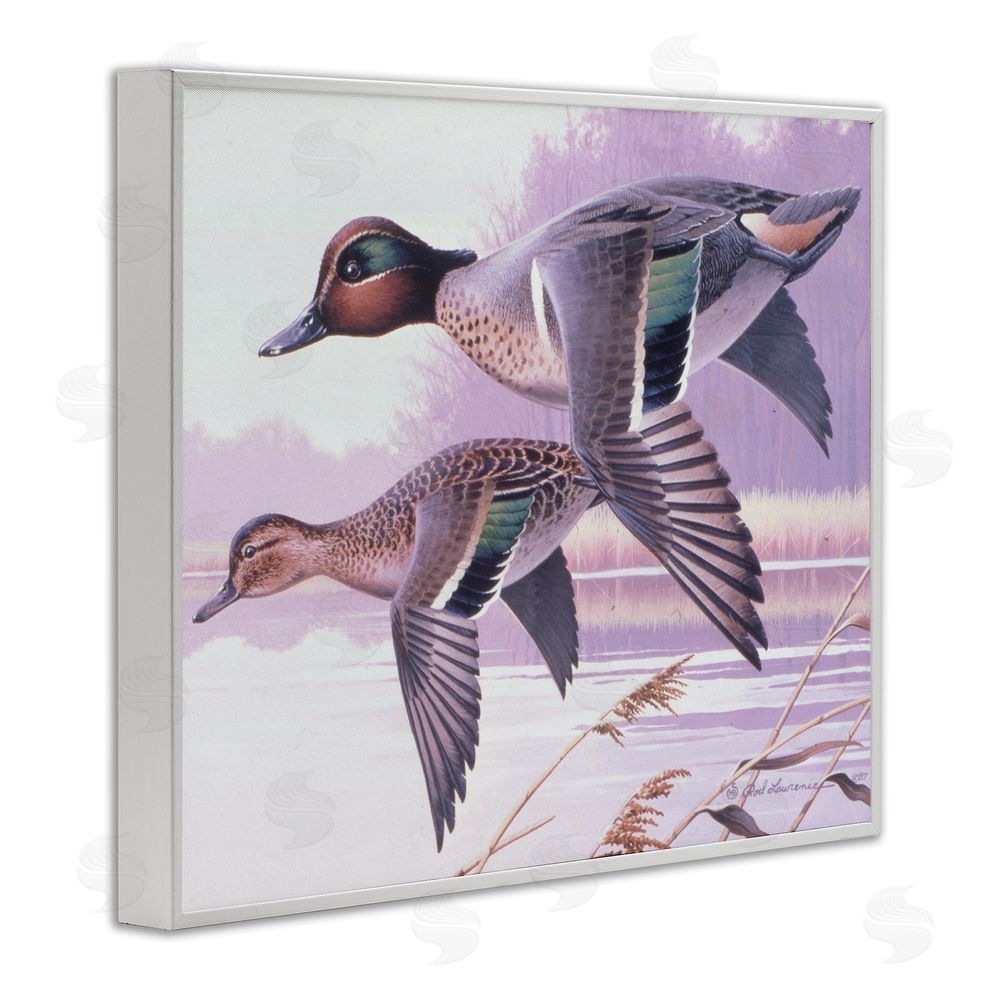 Rod Lawrence Flying Mallards over Lake White Framed Giclee Wall Art Print