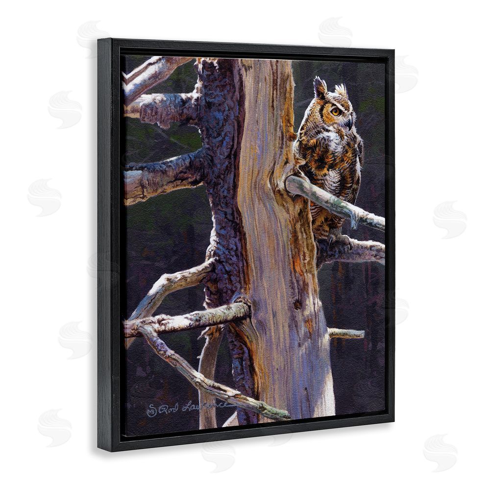 Rod Lawrence Owl in Rustic Tree Black Floating Frame Canvas Wall Art Print