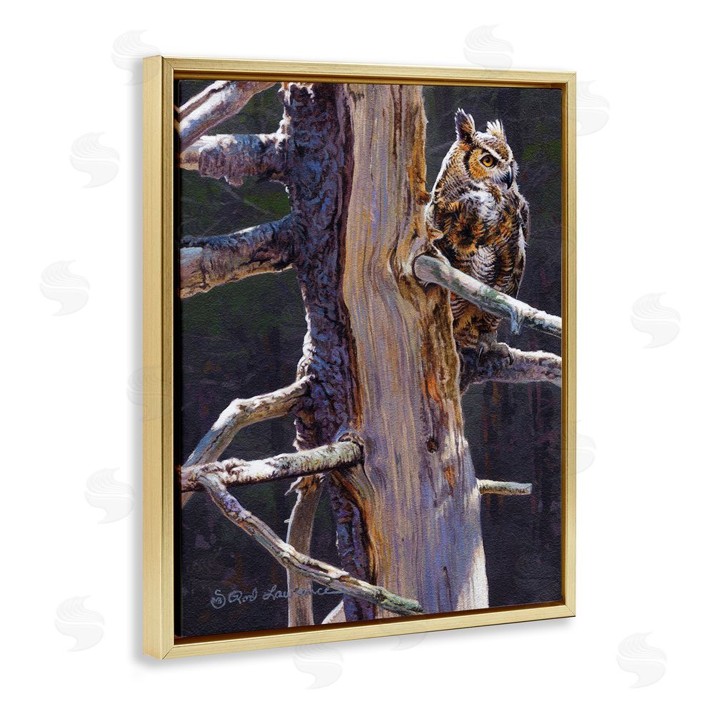 Rod Lawrence Owl in Rustic Tree Gold Floating Frame Canvas Wall Art Print
