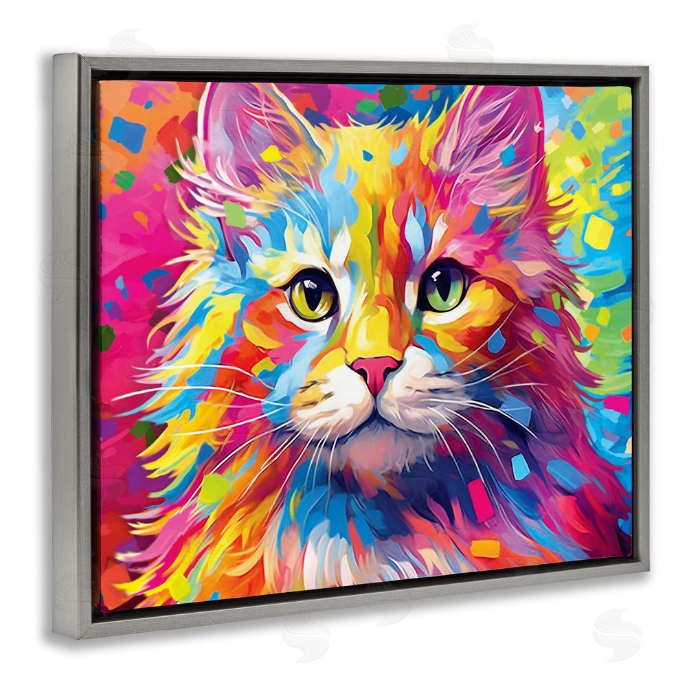 Image World Vivid Cat Painting Grey Floating Frame Canvas Wall Art Print