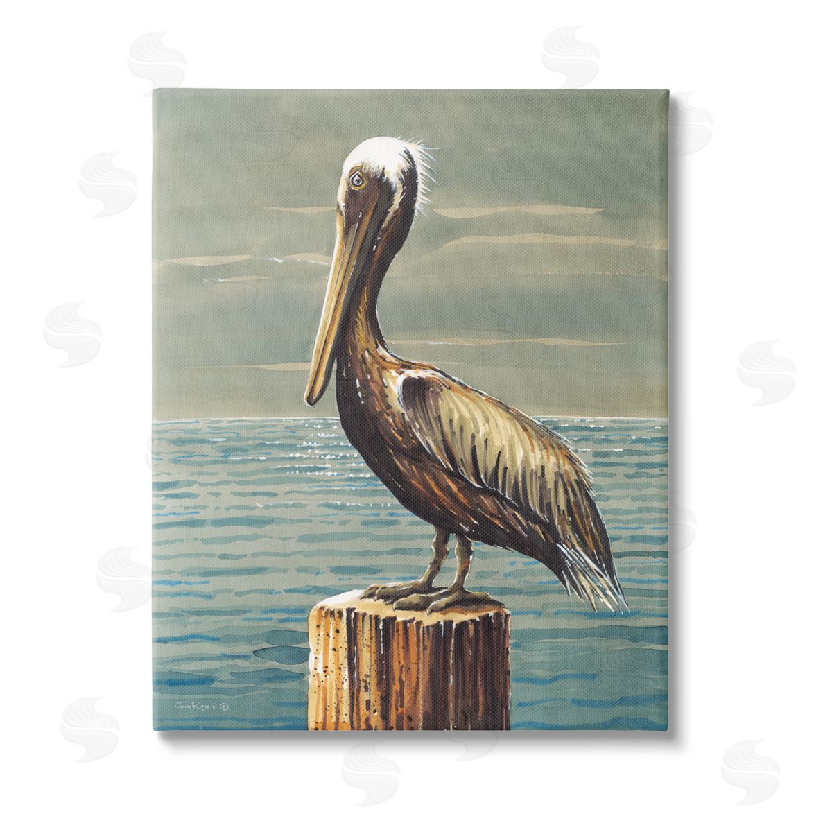 John Rossini Pelican and Cloudy Seascape Stretched Canvas Wall Art Print