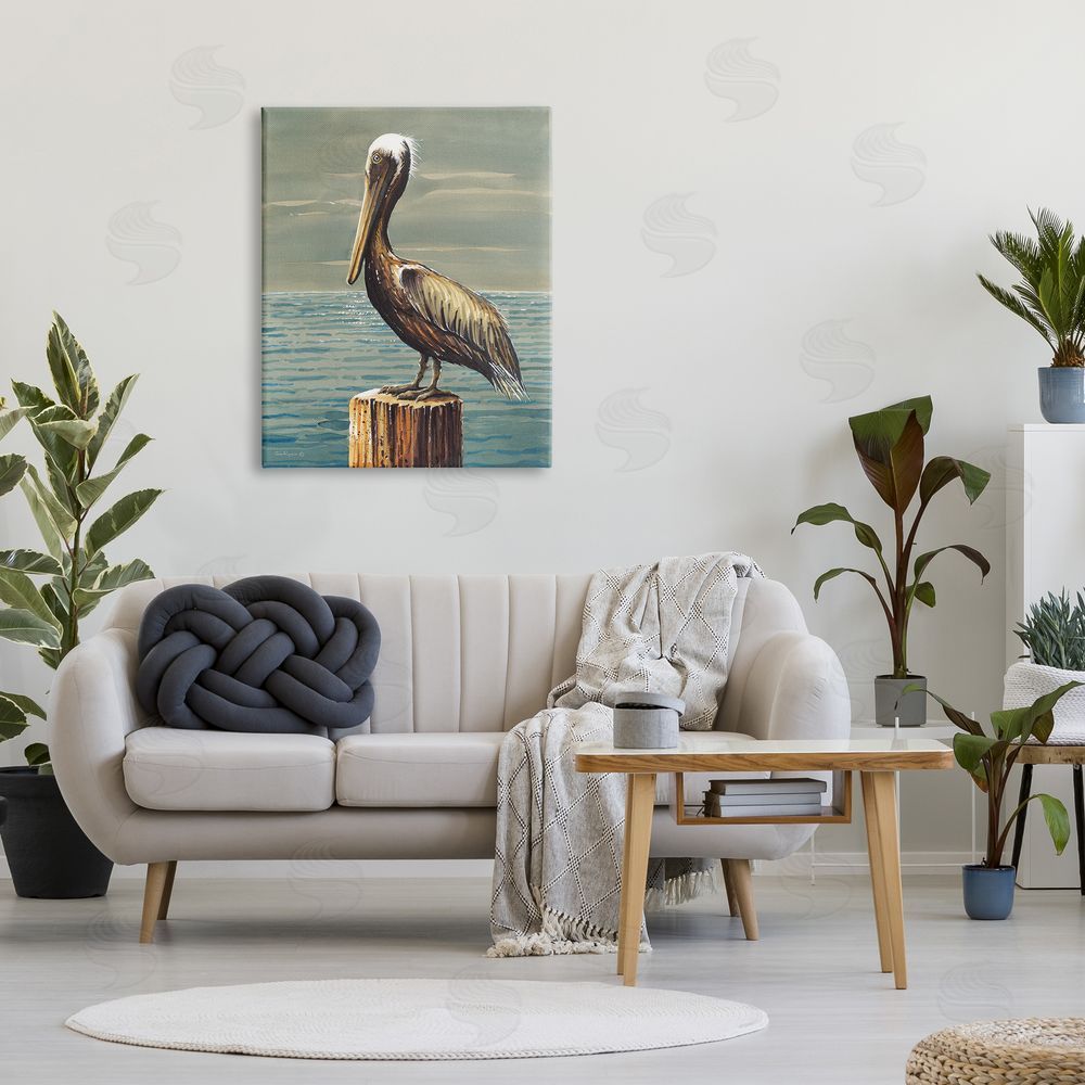 John Rossini Pelican and Cloudy Seascape Canvas Wall Art Print in Room