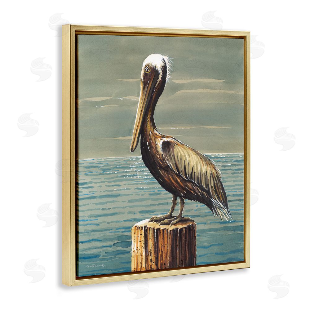 John Rossini Pelican and Cloudy Seascape Gold Floating Frame Canvas Wall Art Print