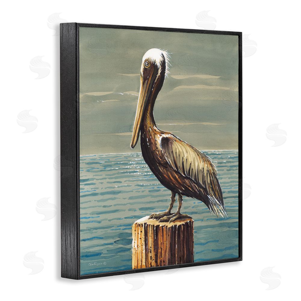 John Rossini Pelican and Cloudy Seascape Black Framed Giclee Wall Art Print