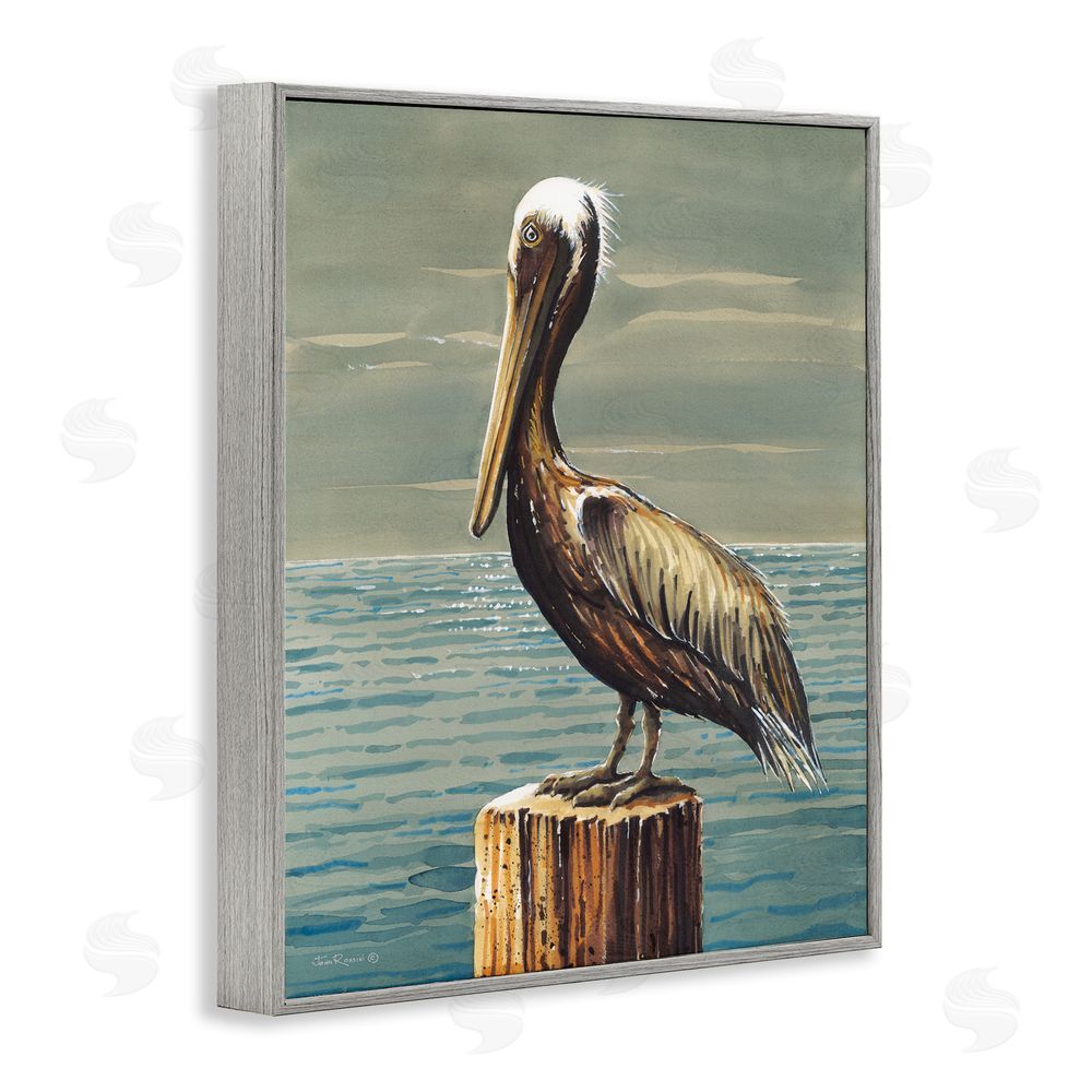 John Rossini Pelican and Cloudy Seascape Gray Framed Giclee Wall Art Print