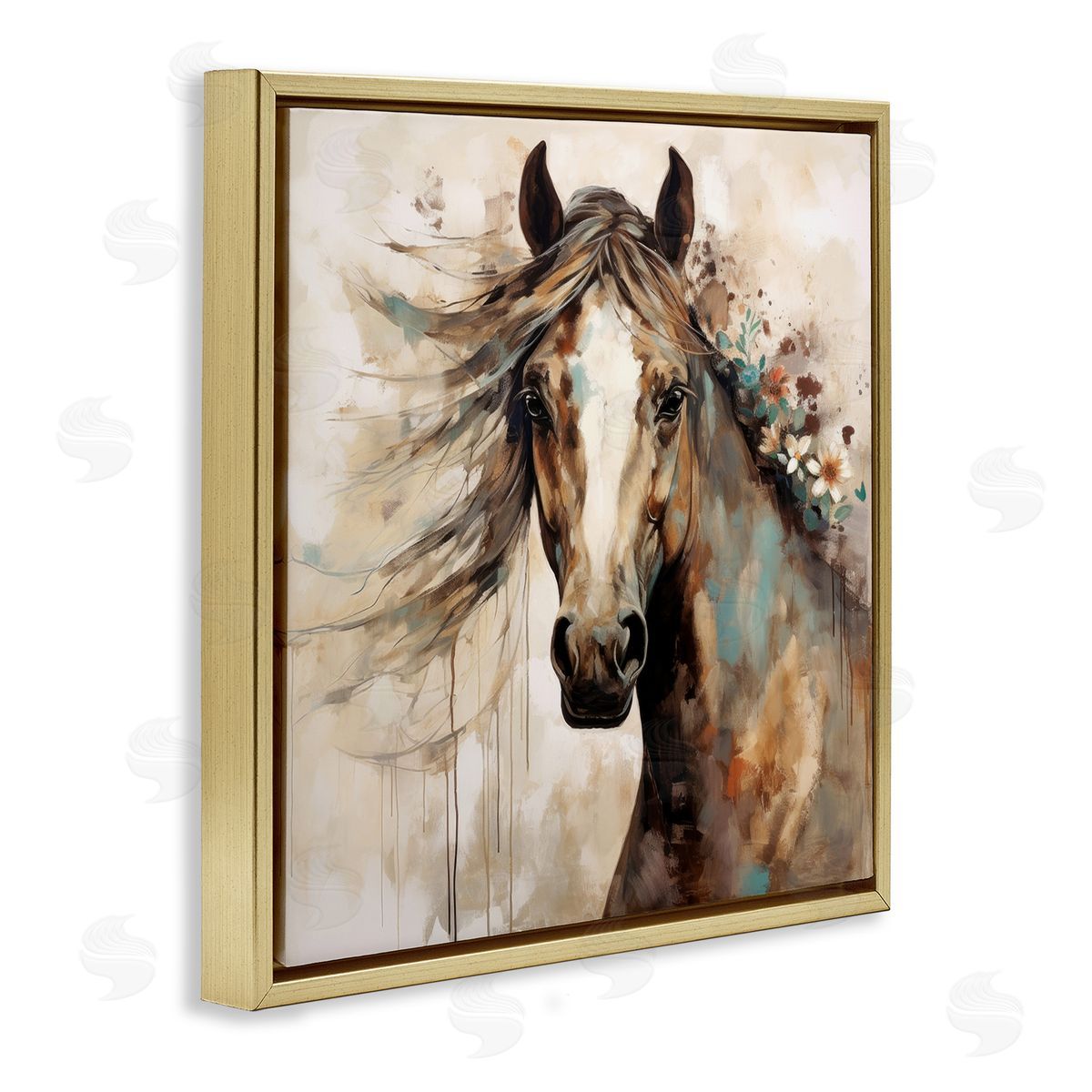 Brown Horse with Florals Gold Floating Frame Canvas Wall Art, Home Decor by Lazar Studio