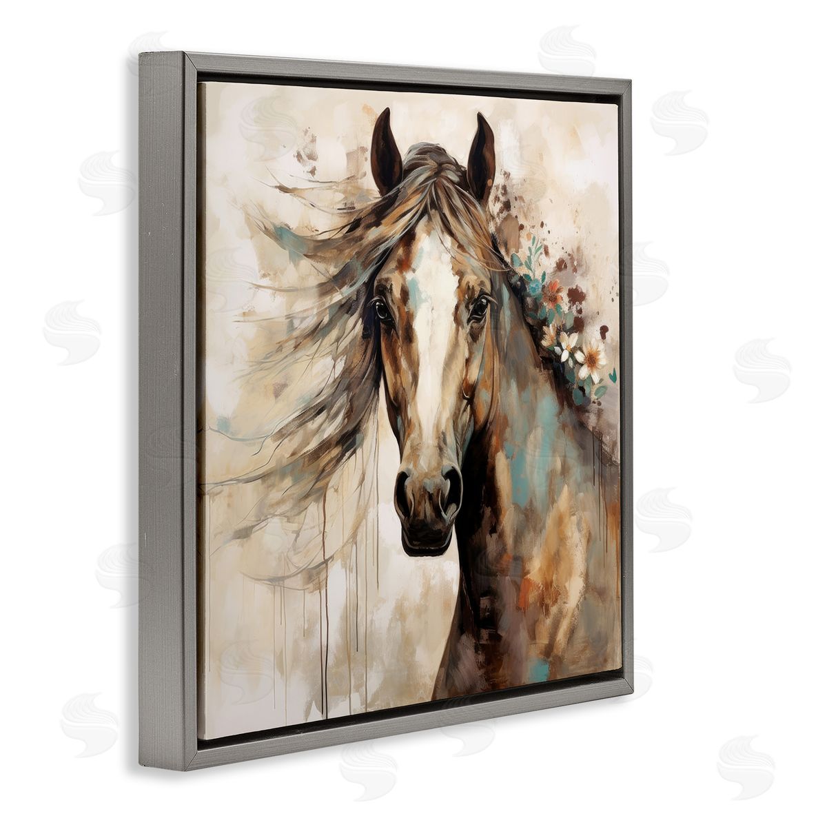 Brown Horse with Florals Grey Floating Frame Canvas Wall Art, Home Decor by Lazar Studio