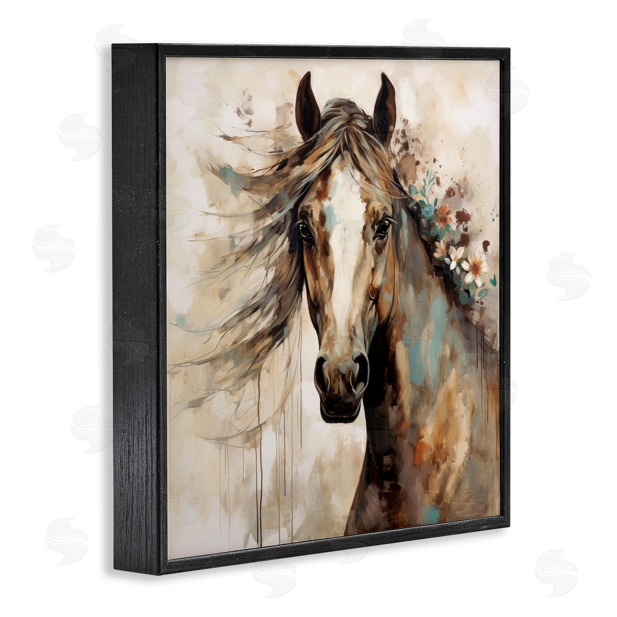 Brown Horse with Florals Black Frame Print Wall Art, Home Decor by Lazar Studio
