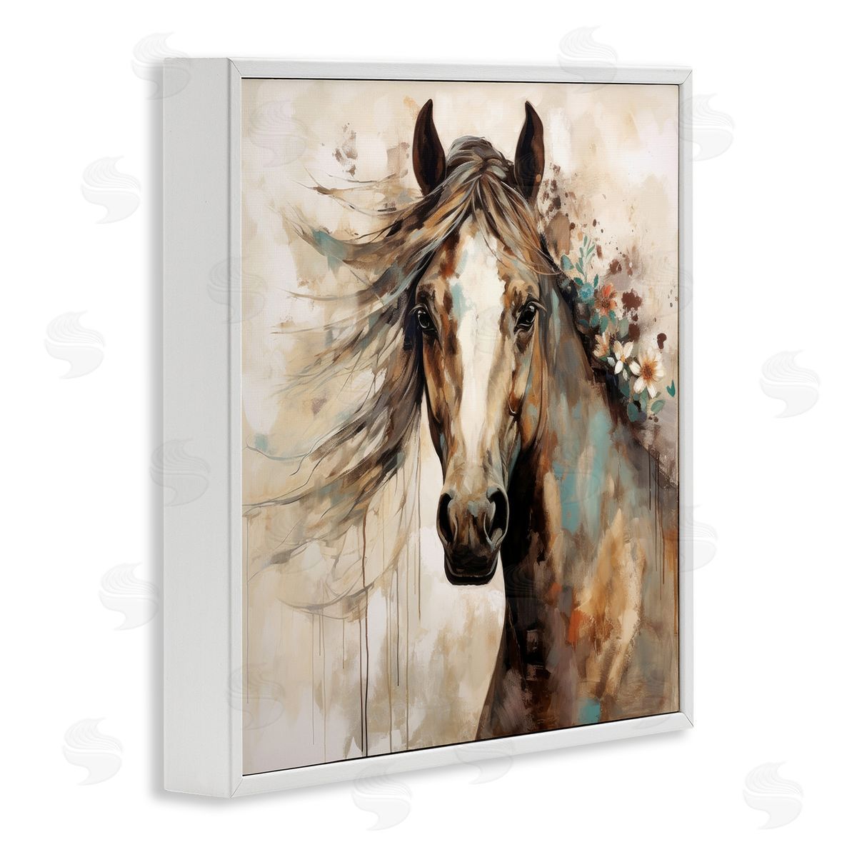 Brown Horse with Florals White Frame Print Wall Art, Home Decor by Lazar Studio