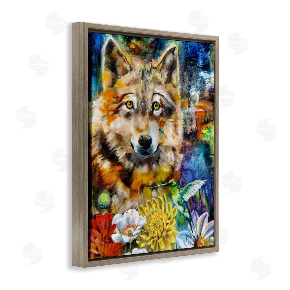 Linda McClure Wolf with Abstract Florals Brown Floating Frame Canvas Wall Art Print