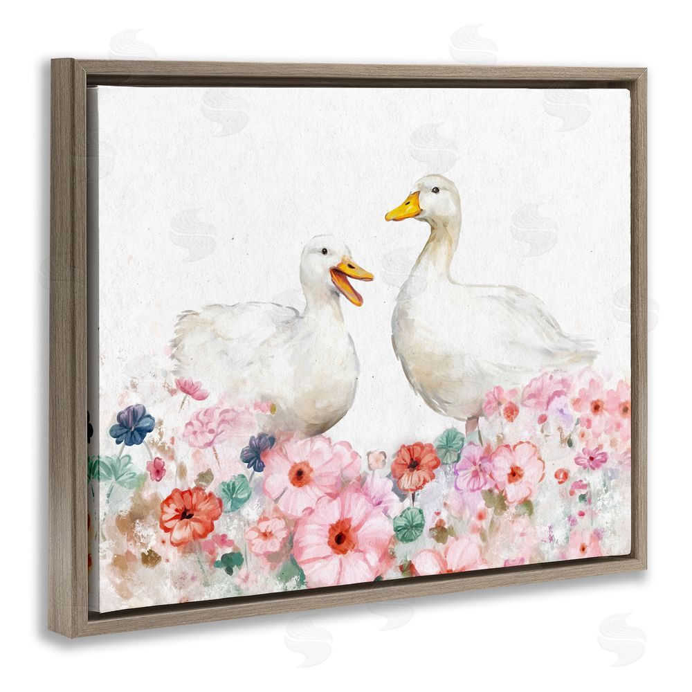 Ziwei Li Ducks & Pastel Flowers Brown Floating Frame Canvas Wall Art Print