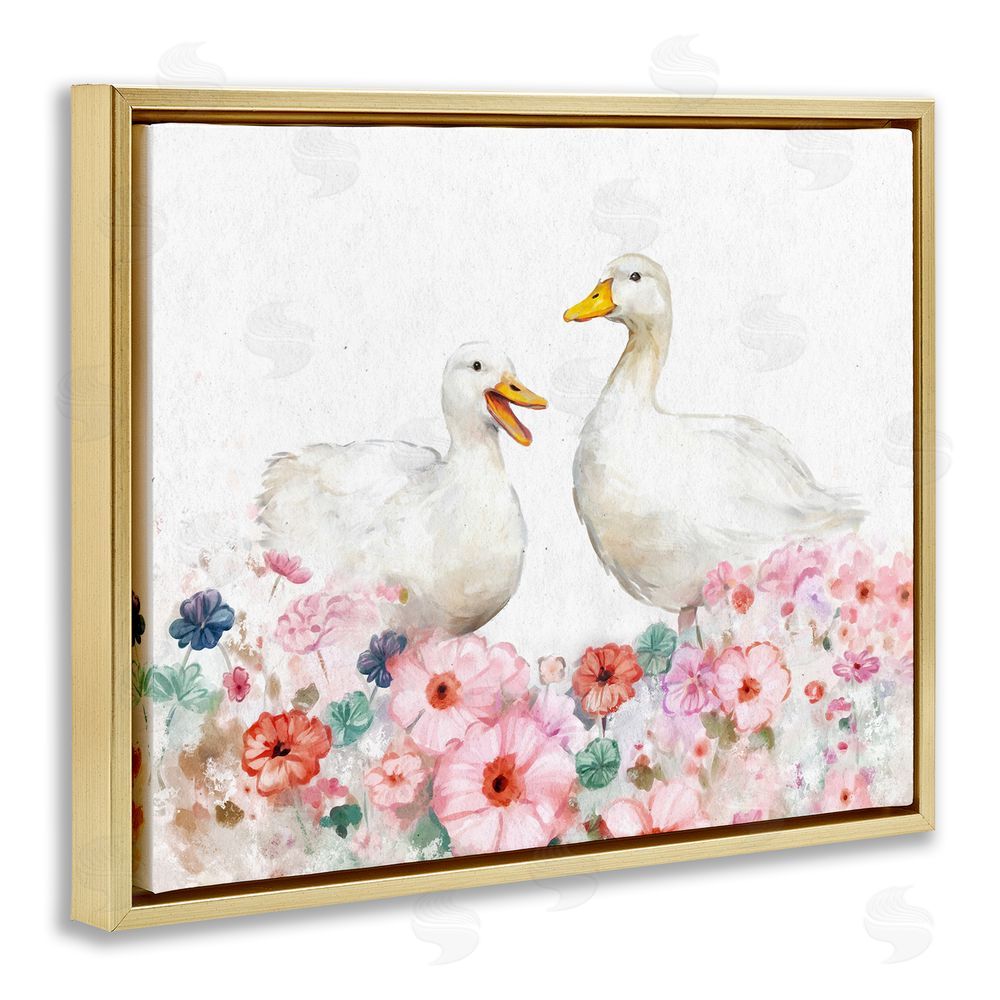 Ziwei Li Ducks & Pastel Flowers Gold Floating Frame Canvas Wall Art Print