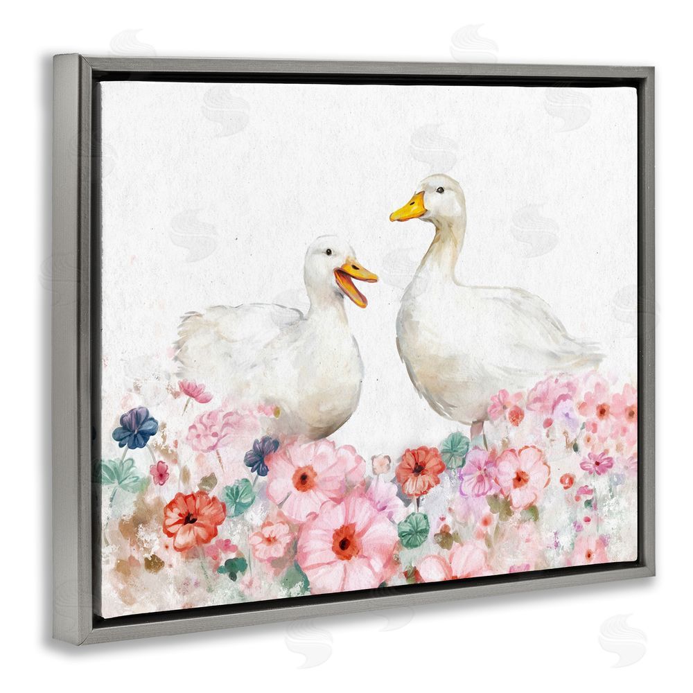 Ziwei Li Ducks & Pastel Flowers Grey Floating Frame Canvas Wall Art Print