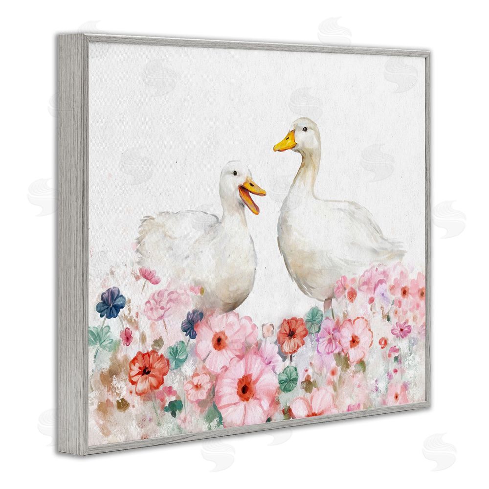Ziwei Li Ducks & Pastel Flowers Gray Framed Giclee Wall Art Print