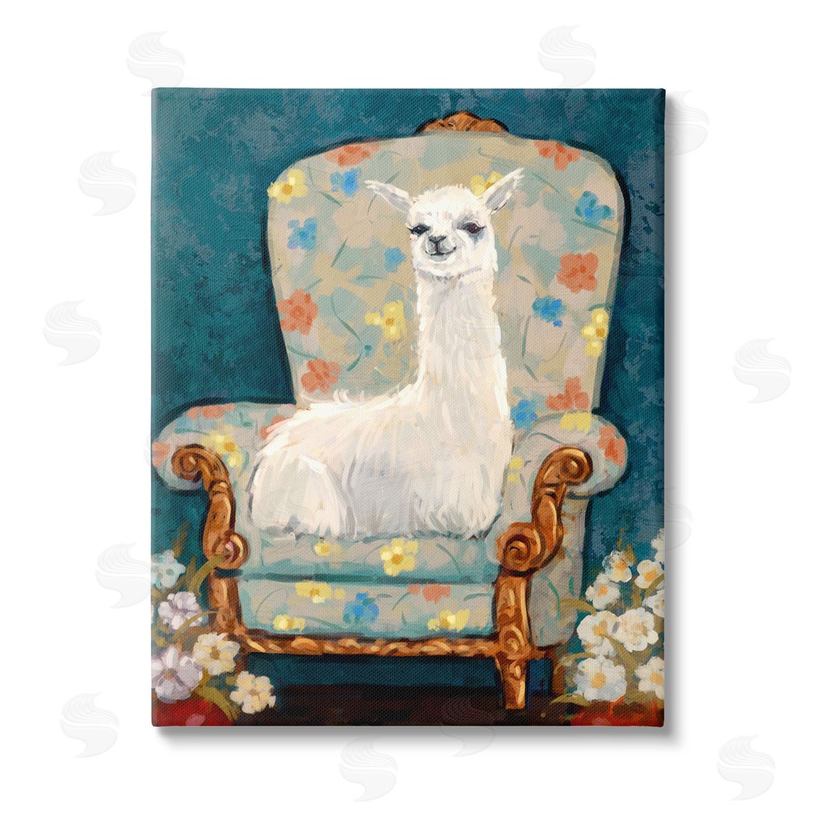Ziwei Li Llama on Floral Armchair Stretched Canvas Wall Art Print