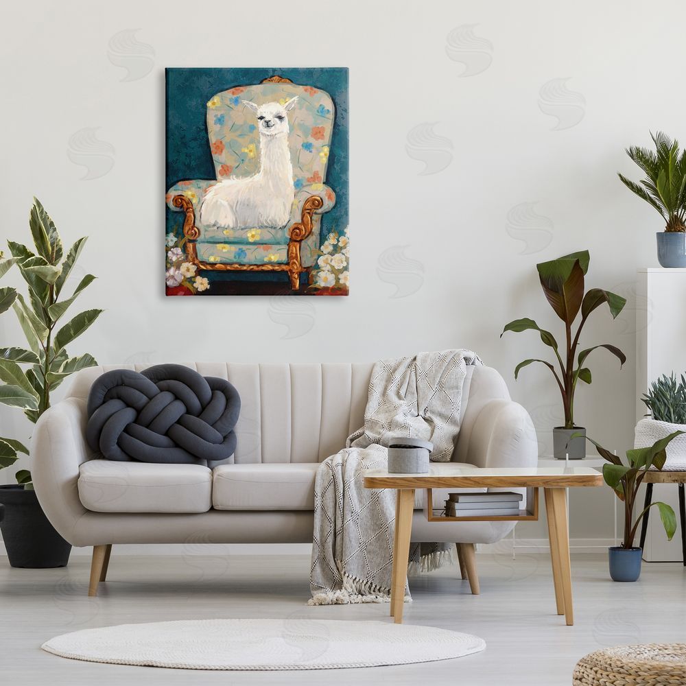Ziwei Li Llama on Floral Armchair Canvas Wall Art Print in Room