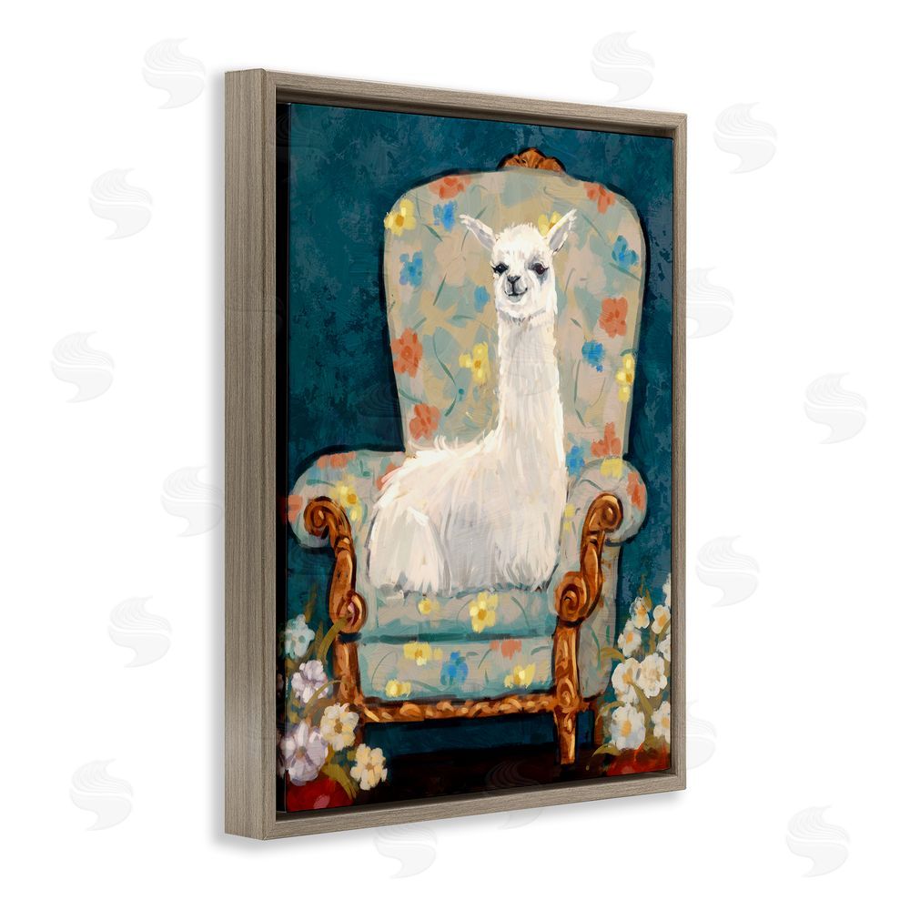 Ziwei Li Llama on Floral Armchair Brown Floating Frame Canvas Wall Art Print