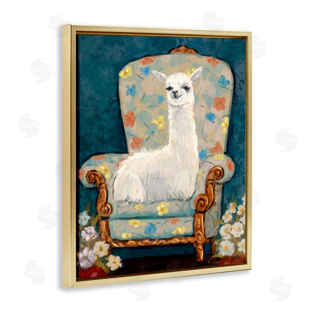 Ziwei Li Llama on Floral Armchair Gold Floating Frame Canvas Wall Art Print