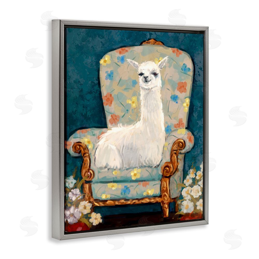 Ziwei Li Llama on Floral Armchair Grey Floating Frame Canvas Wall Art Print