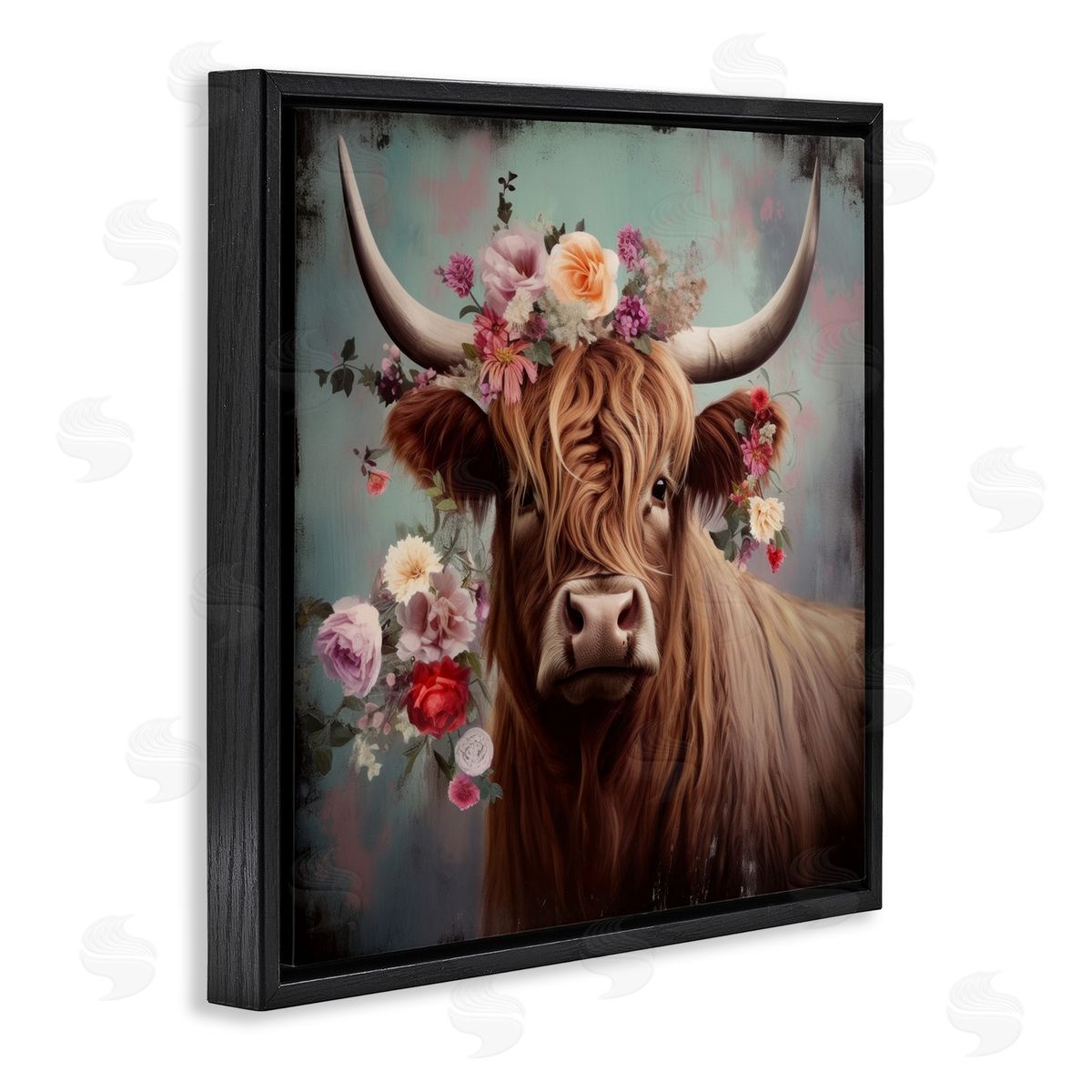 Cow with Vintage Florals Black Floating Frame Canvas Wall Art, Home Decor by Irena Orlov