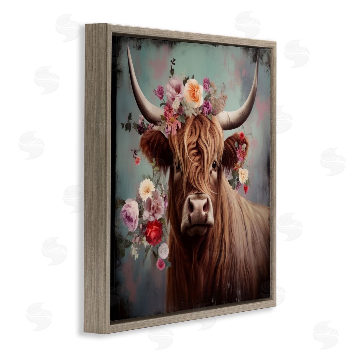 Cow with Vintage Florals Brown Floating Frame Canvas Wall Art, Home Decor by Irena Orlov