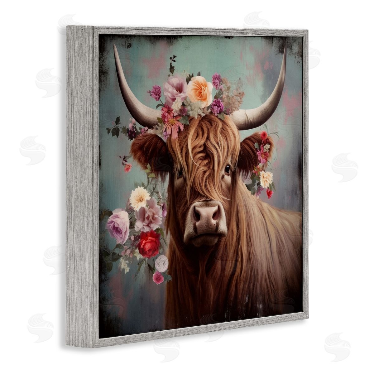 Cow with Vintage Florals Grey Frame Print Wall Art, Home Decor by Irena Orlov