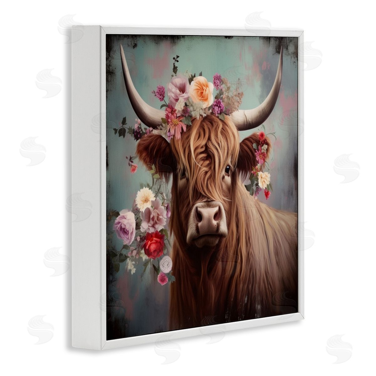 Cow with Vintage Florals White Frame Print Wall Art, Home Decor by Irena Orlov