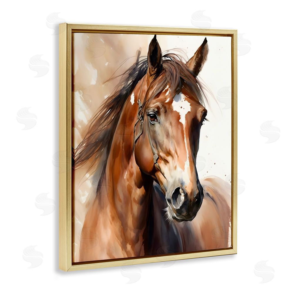 Petal Prints Design Brown Horse Painting Gold Floating Frame Canvas Wall Art Print