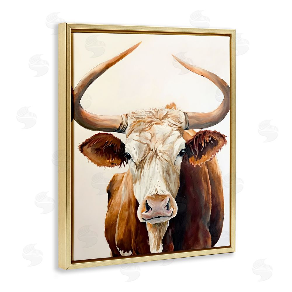 Petal Prints Design Longhorn with Curved Horns Gold Floating Frame Canvas Wall Art Print