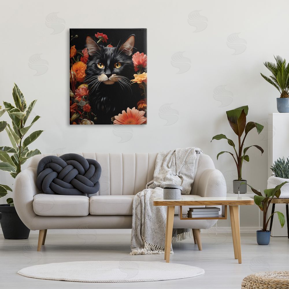 Gary Shergill Designs Cat & Blooming Flowers Canvas Wall Art Print in Room