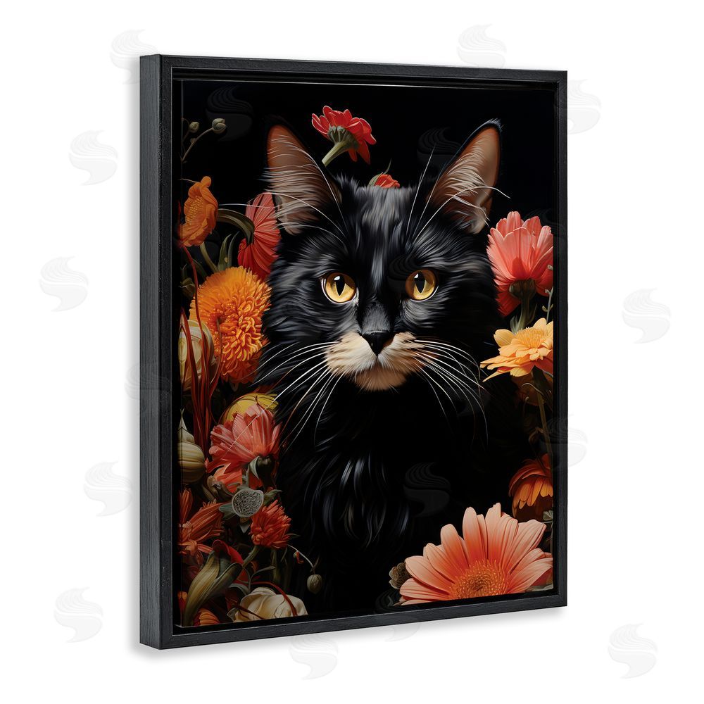 Gary Shergill Designs Cat & Blooming Flowers Black Floating Frame Canvas Wall Art Print