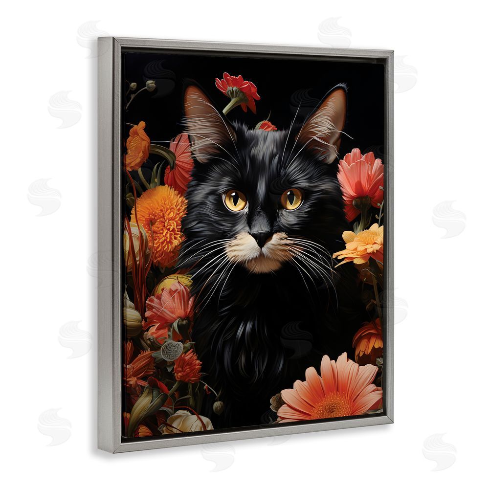 Gary Shergill Designs Cat & Blooming Flowers Grey Floating Frame Canvas Wall Art Print