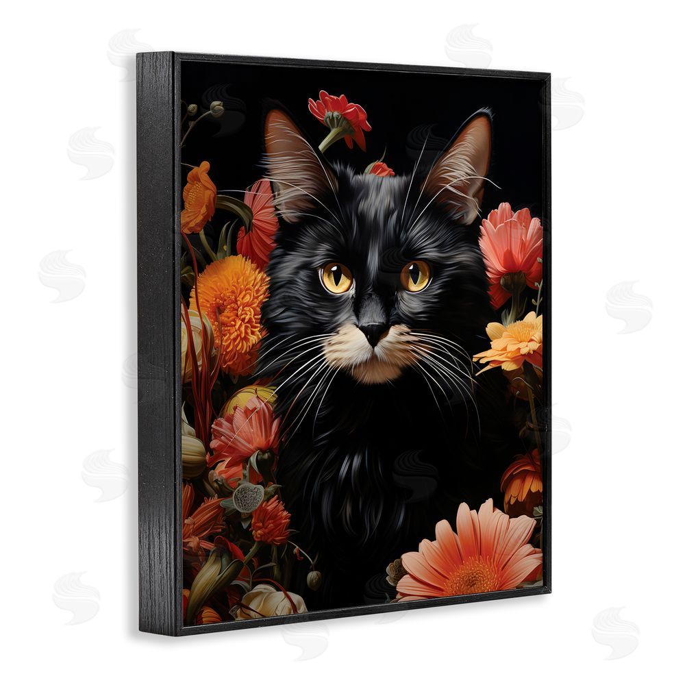 Gary Shergill Designs Cat & Blooming Flowers Black Framed Giclee Wall Art Print