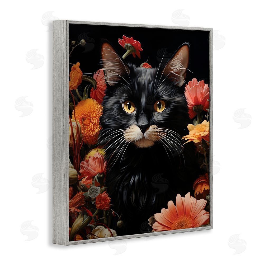 Gary Shergill Designs Cat & Blooming Flowers Gray Framed Giclee Wall Art Print
